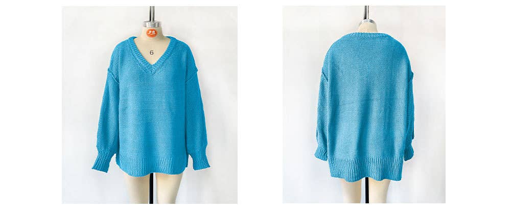 V-neck loose solid color long-sleeved sweater