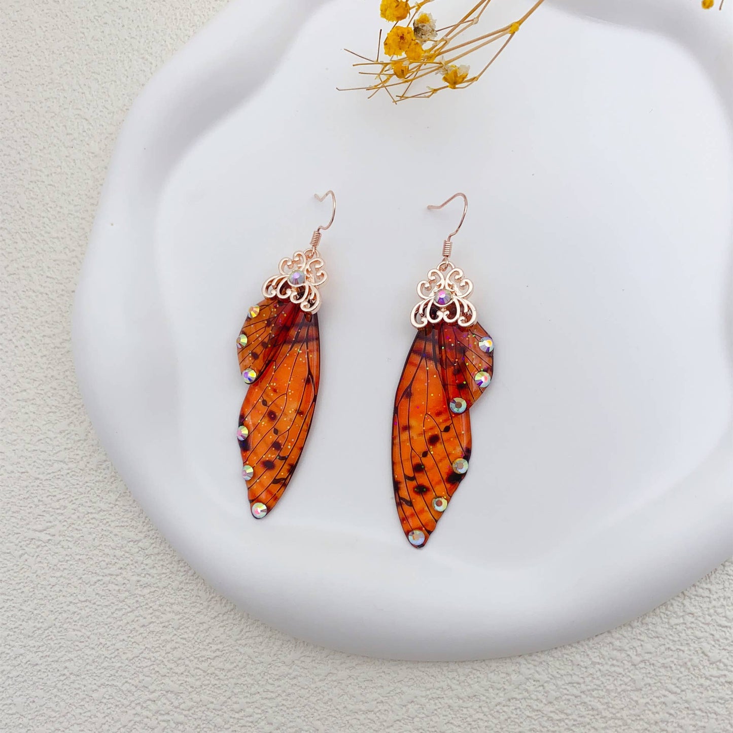 Elegant long earrings with cicada wing wings
