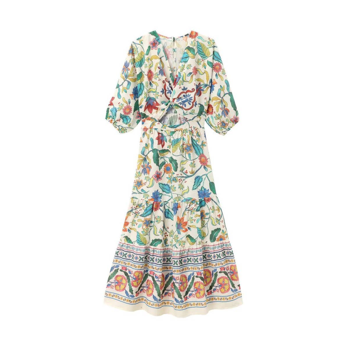 Printed V-neck hollowed-out linen blend dress