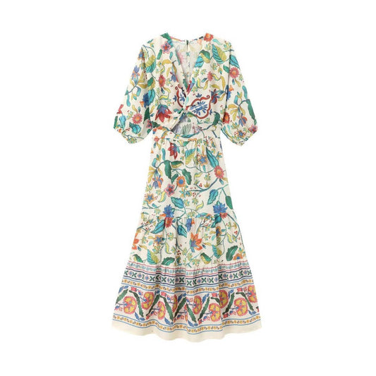 Printed V-neck hollowed-out linen blend dress