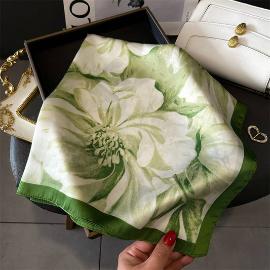 Lotus & Peony Print Satin Square Scarf for Summer