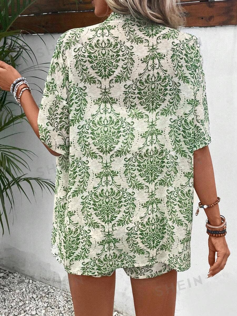 PRINT SHORT SLEEVE TOP ELASTIC WAIST SHORTS SUIT