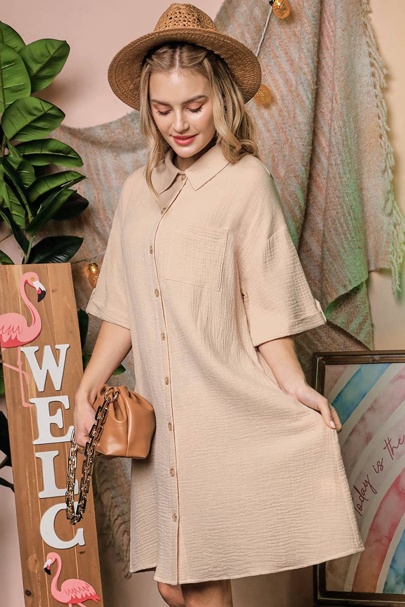 CWDSD10407_SHORT SLEEVE BUTTON DOWN MINI SHIRTS DRESS