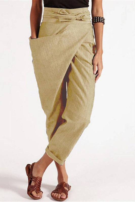 CWBLP1838_IRREGULAR LACE-UP CROPPED PANTS CASUAL PANTS