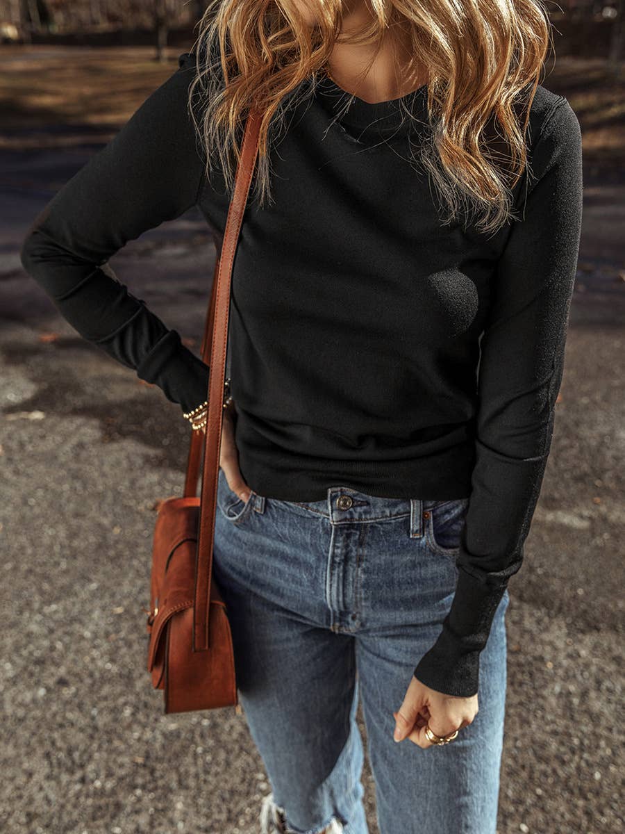 SIMPLE PULLOVER ROUND NECK LONG SLEEVE BLOUSE