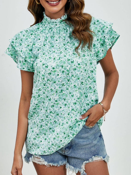 Semi-turtleneck loose printed short sleeve top