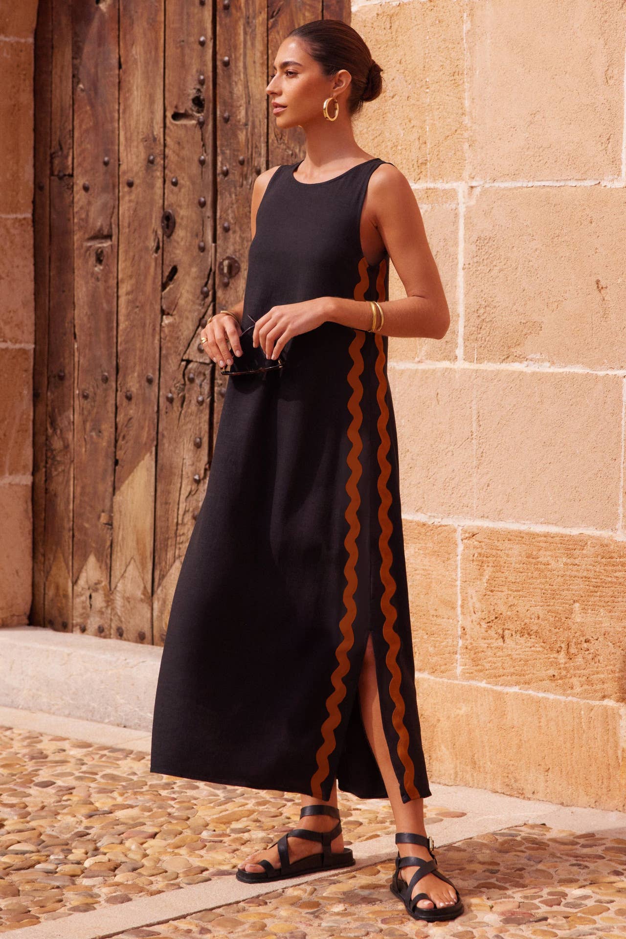 Fashion crew-neck splicing lace slit long dress