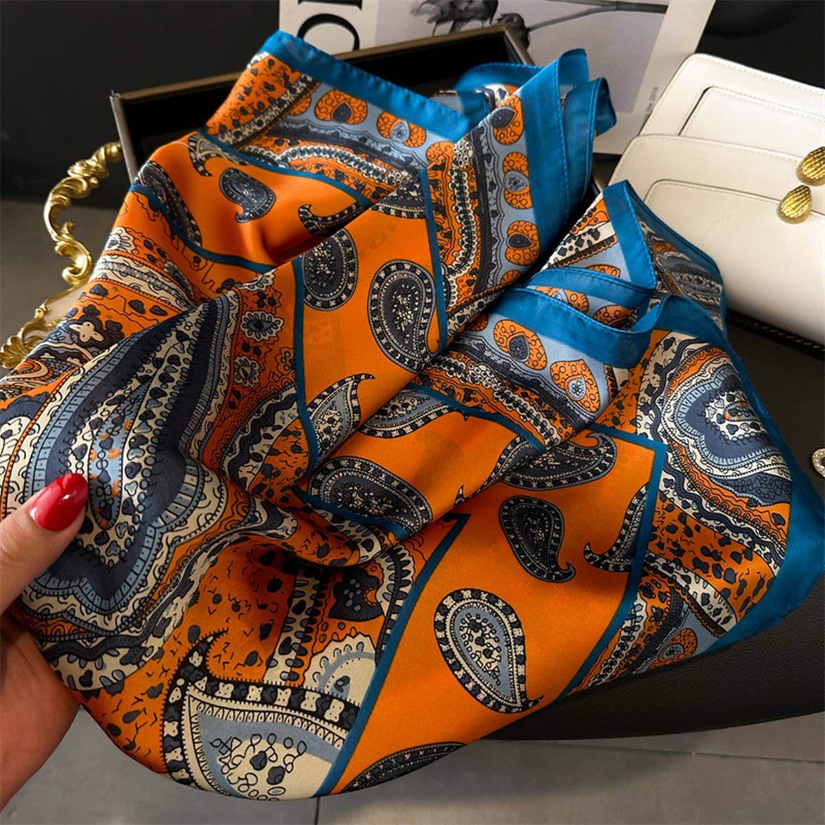 Lotus & Peony Print Satin Square Scarf for Summer