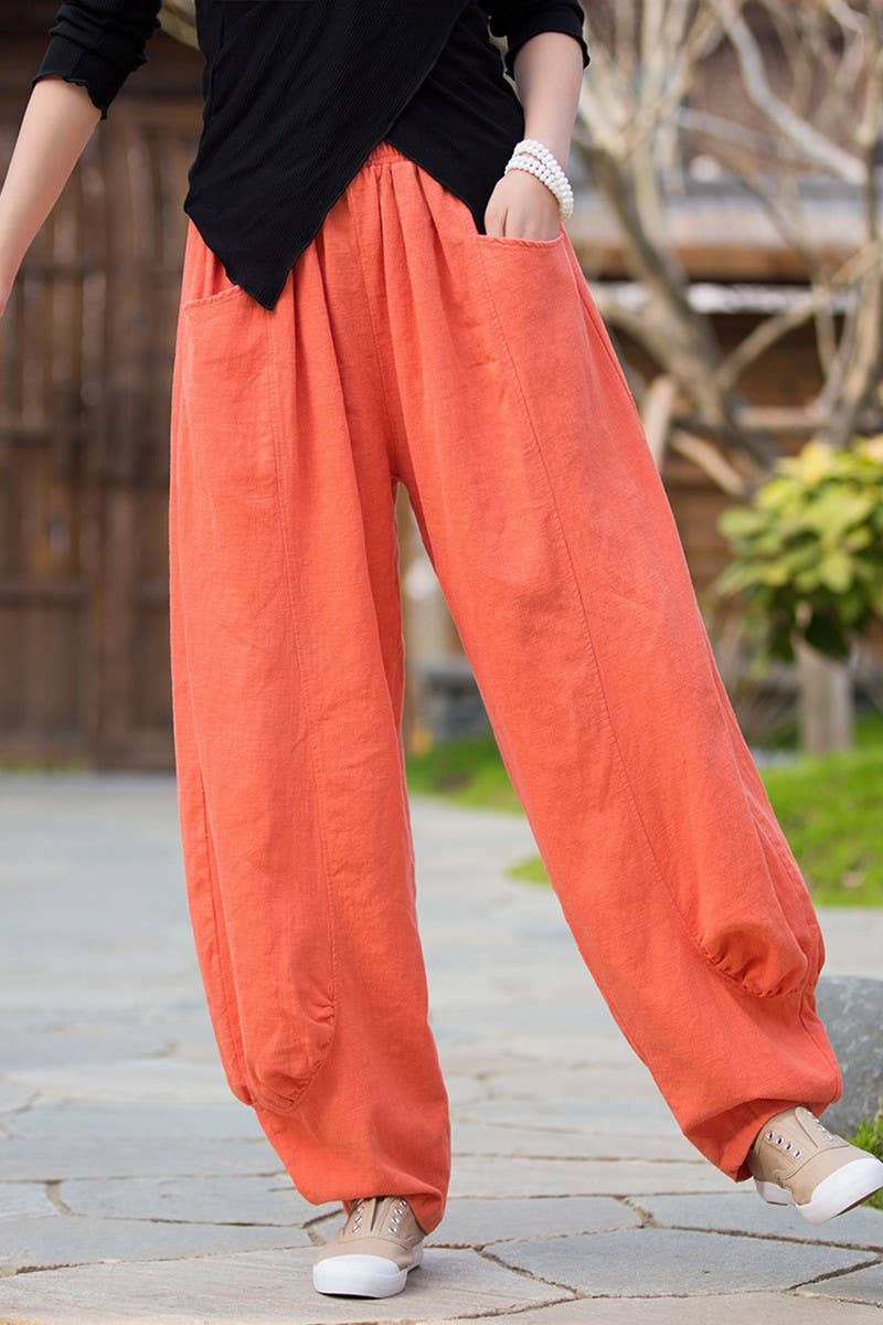 CWBLP1379_SOLID COLOR RAMIE SAND-WASHED WIDE-LEG PANTS