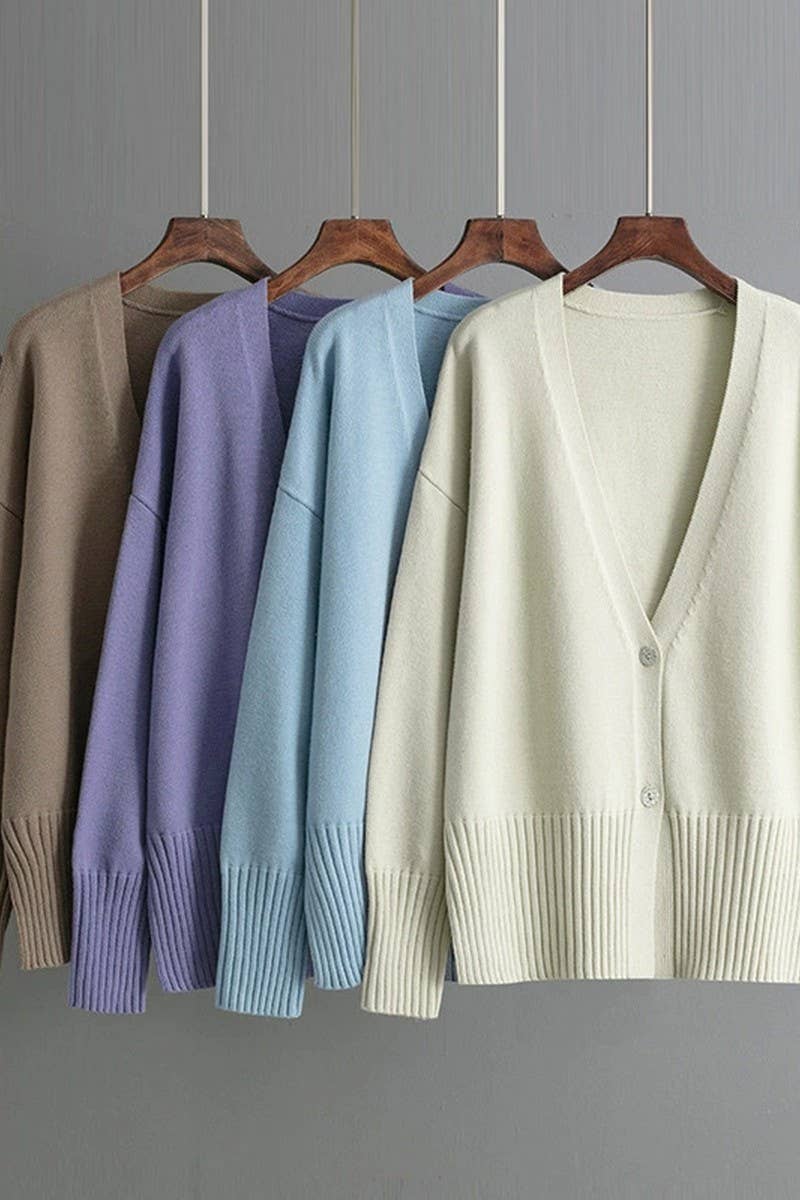 CWOCAL00665_V NECK SOLID LOOSE KNIT CARDIGAN SWEATER