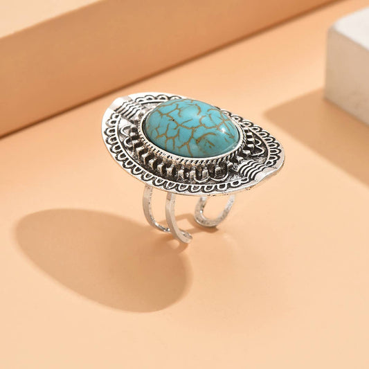 ETHNIC STYLE TURQUOISE RING WITH CARVED OPEN RING
