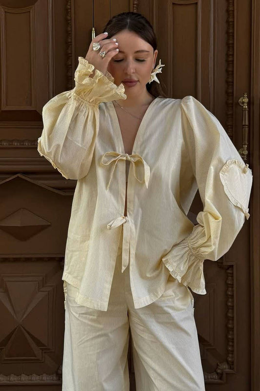 Cwttl2045_Fungus Pleat Heart Stitching Cardigan Lace-Up Shir