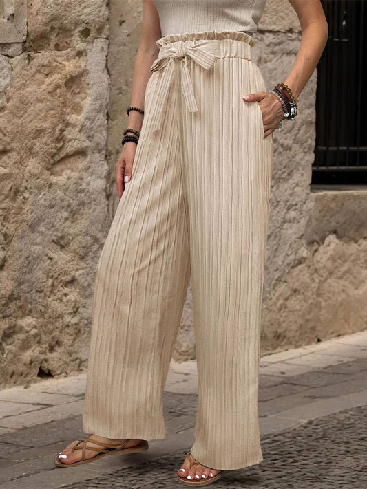 Ruffle Tie Waist Casual Elastic Long Pants