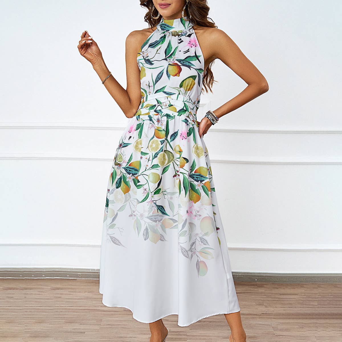 FASHION HALTER PRINT WAIST SLIMMING DRESS