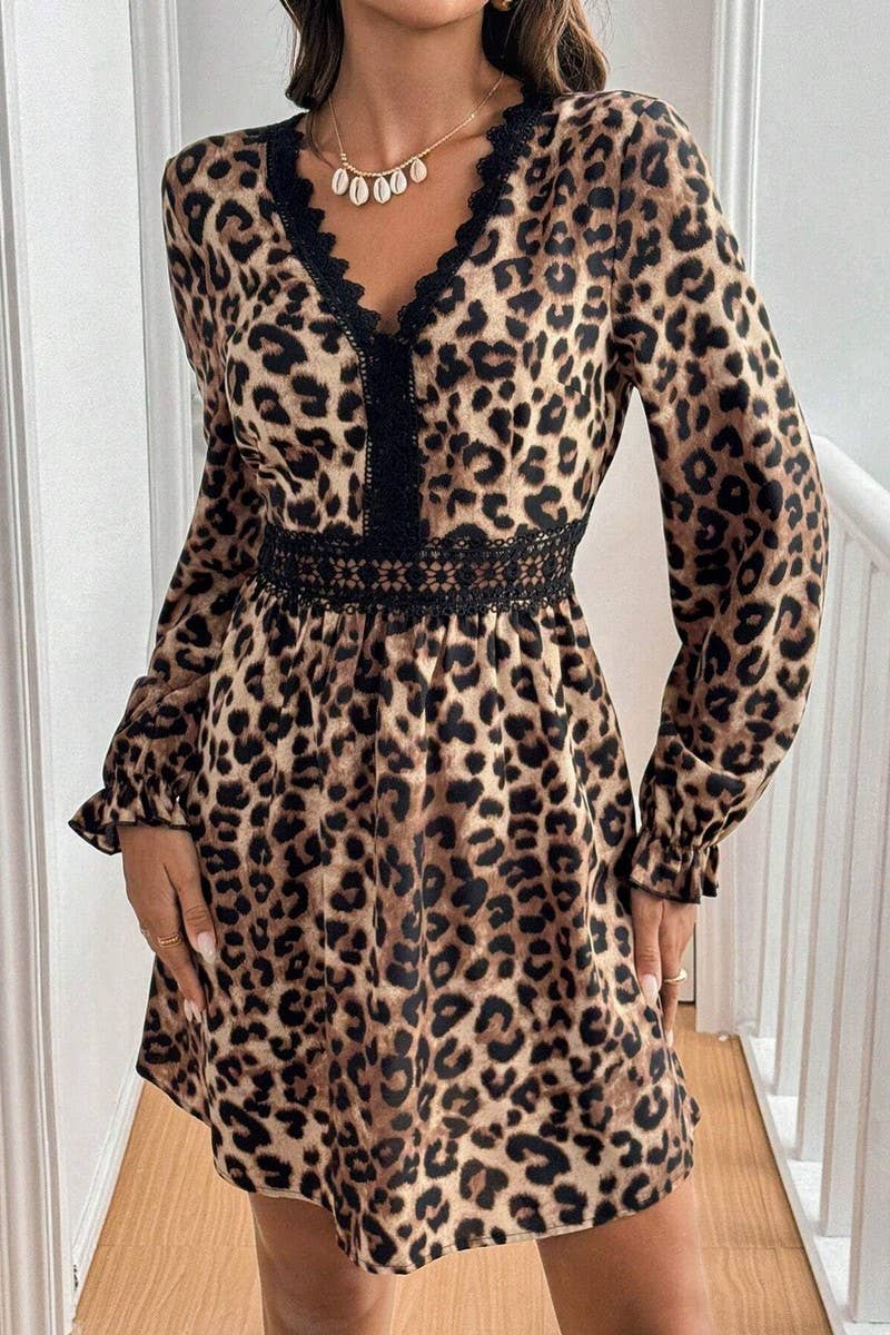CWDSD6892_V-NECK LEOPARD LACE PATCHWORK LONG-SLEEVED DRESS