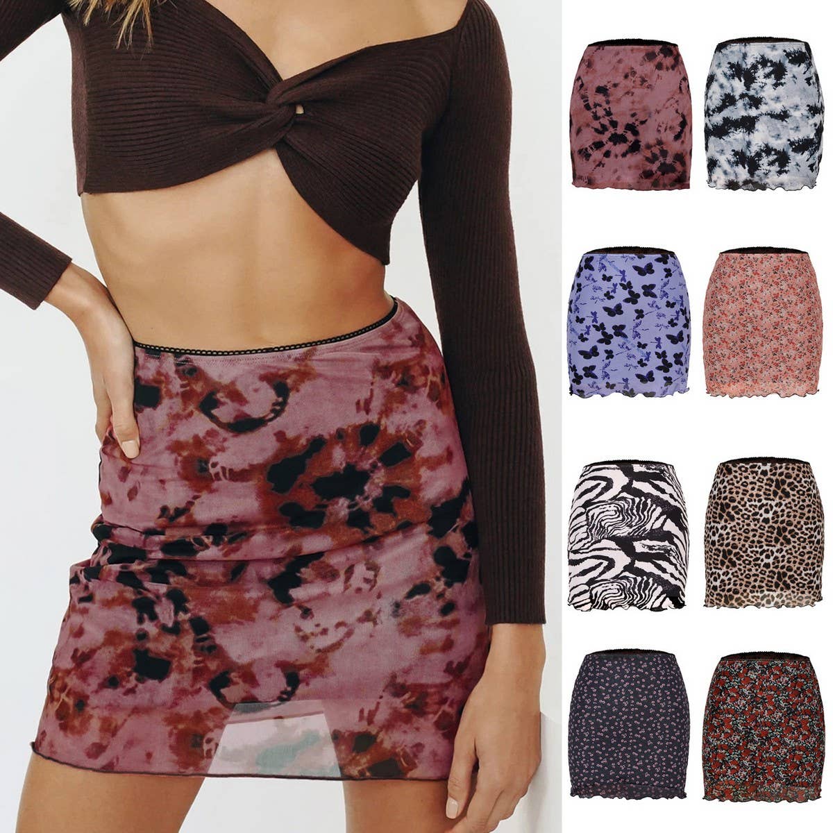 PRINTED MESH SKIRT DOUBLE LAYER SLIM HIP SKIRT_CWAB4794