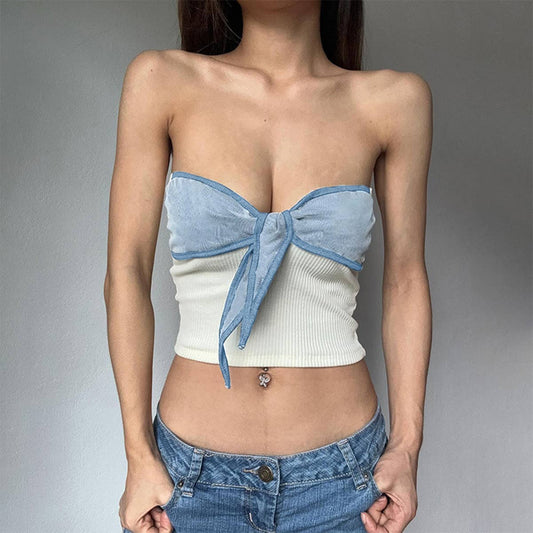 Sexy sweet and spicy bow colorblock crop top