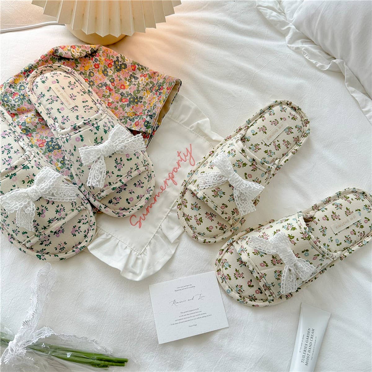 LACE BOW SMALL FLORAL THICK-SOLED HOME SLIPPERS
