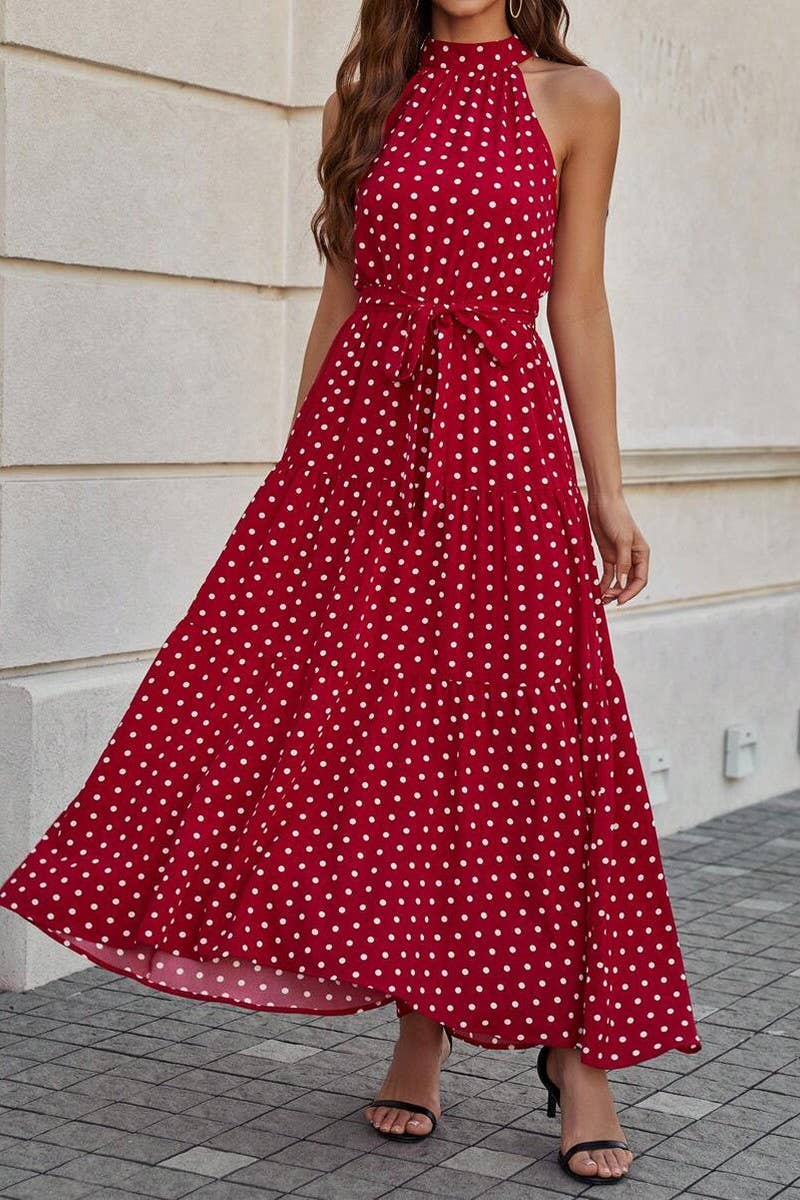 CWDMD5781_POLKA DOT PRINT FLORAL HALTER NECK DRESS