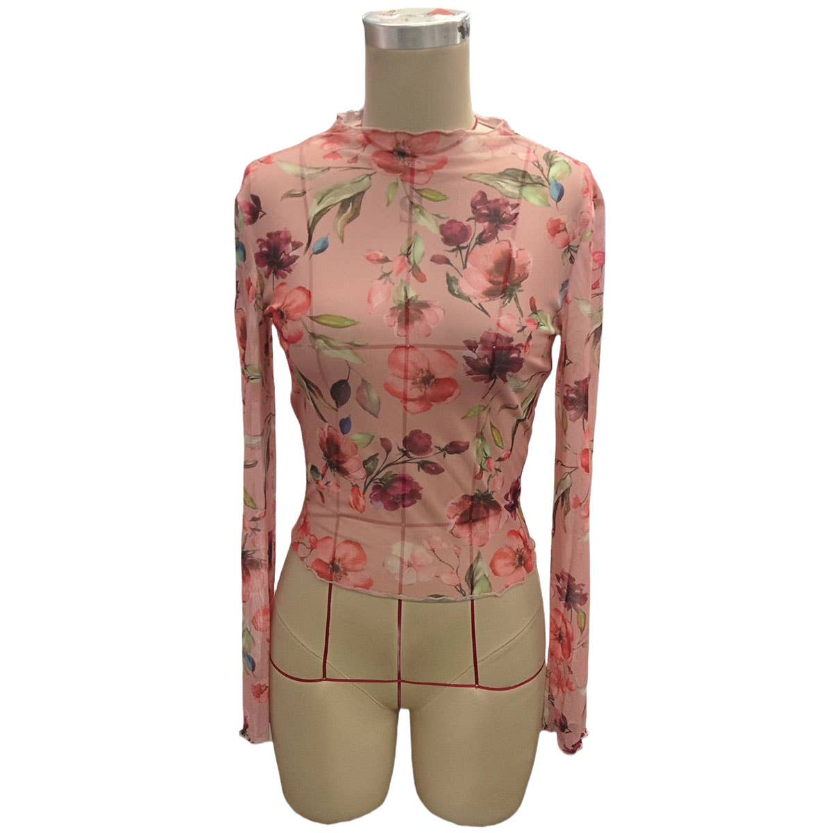 SEMI SHEER FLORAL PRINT MESH LACE SLIM FIT TOP