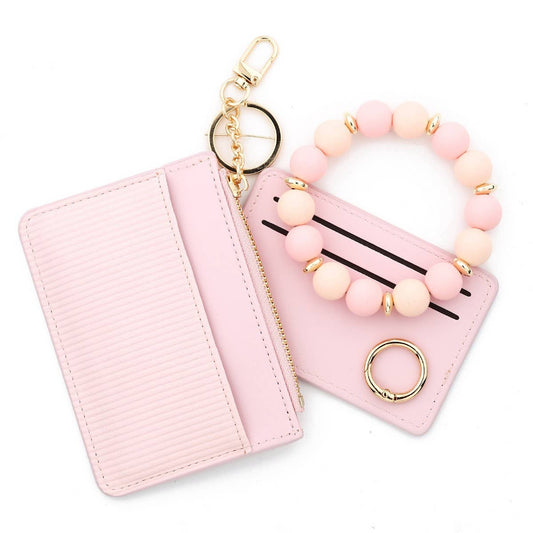 Pink Card Holder Wallet with Beaded Keychain_CWAB4950