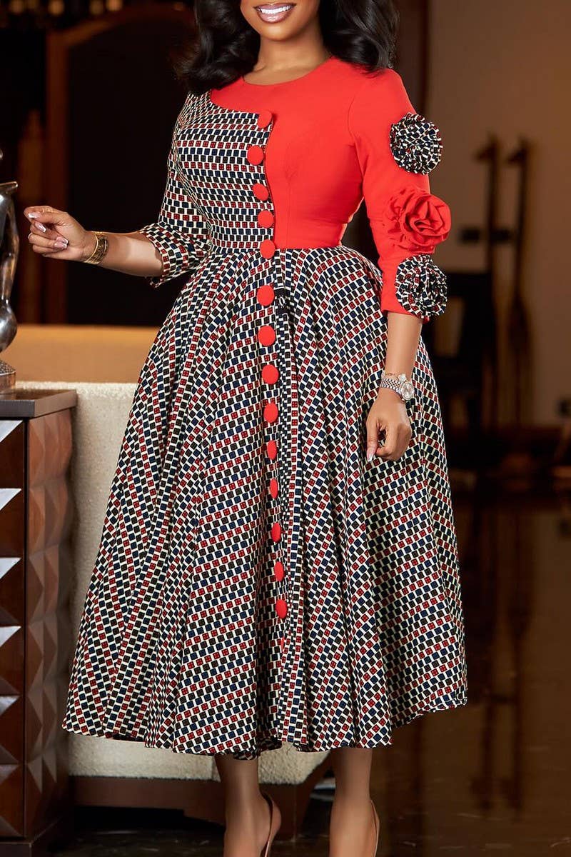 CWDMD01250_2025 WOMEN FLORAL PRINT ROUND NECK MIDI DRESS