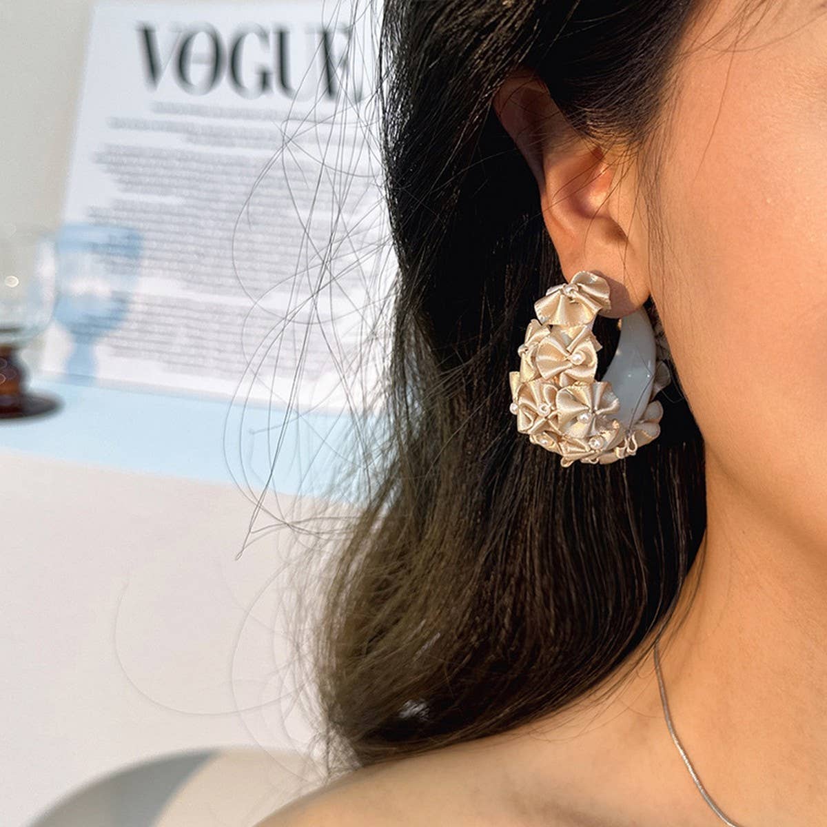 Handmade Fabric Flower C-Hoop Earrings Fresh Style