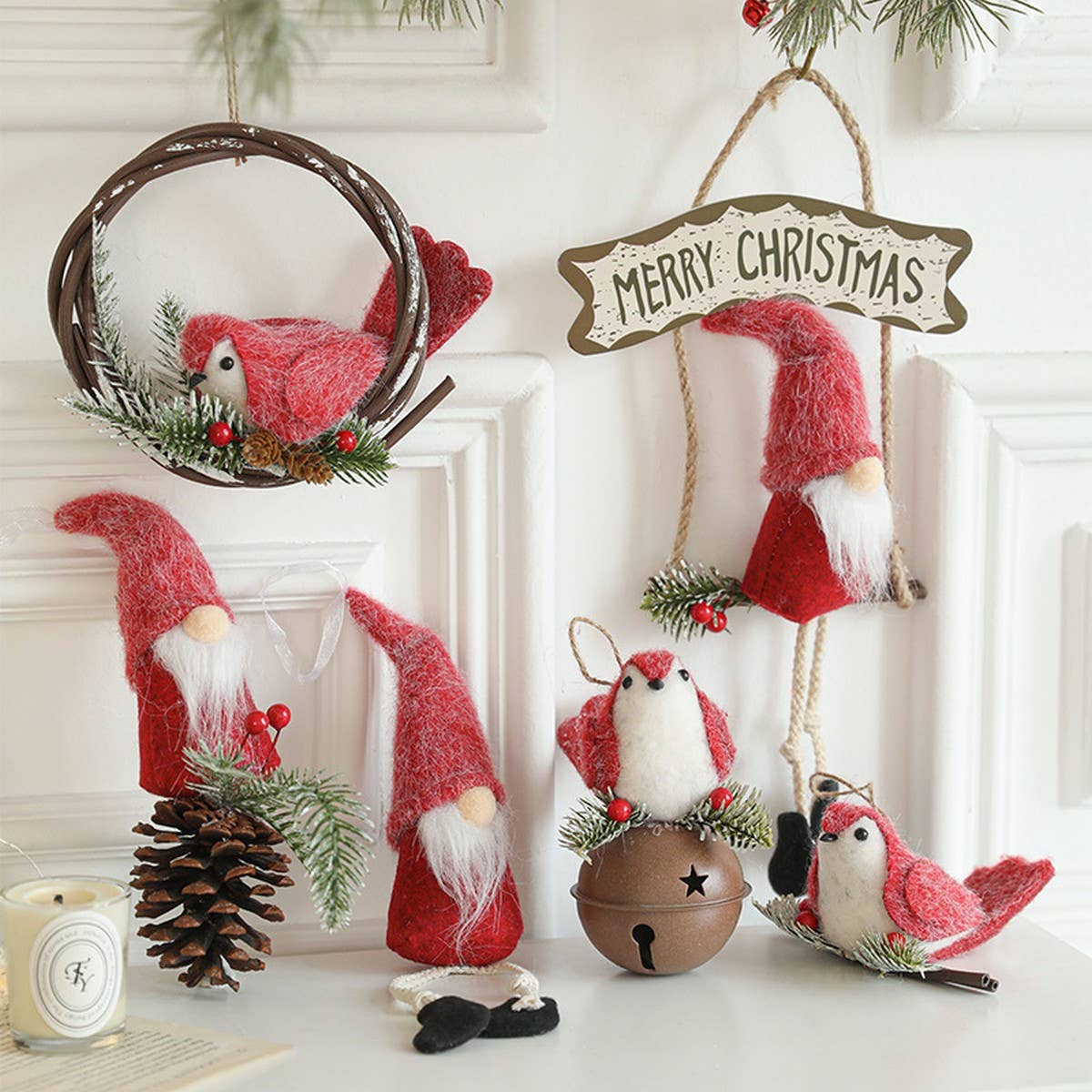 Red Felt Bird Santa Christmas Tree Hanging_CWMM9679