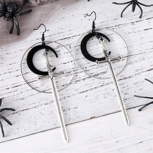 HALLOWEEN ROUND BLACK MOON SWORD EARRINGS