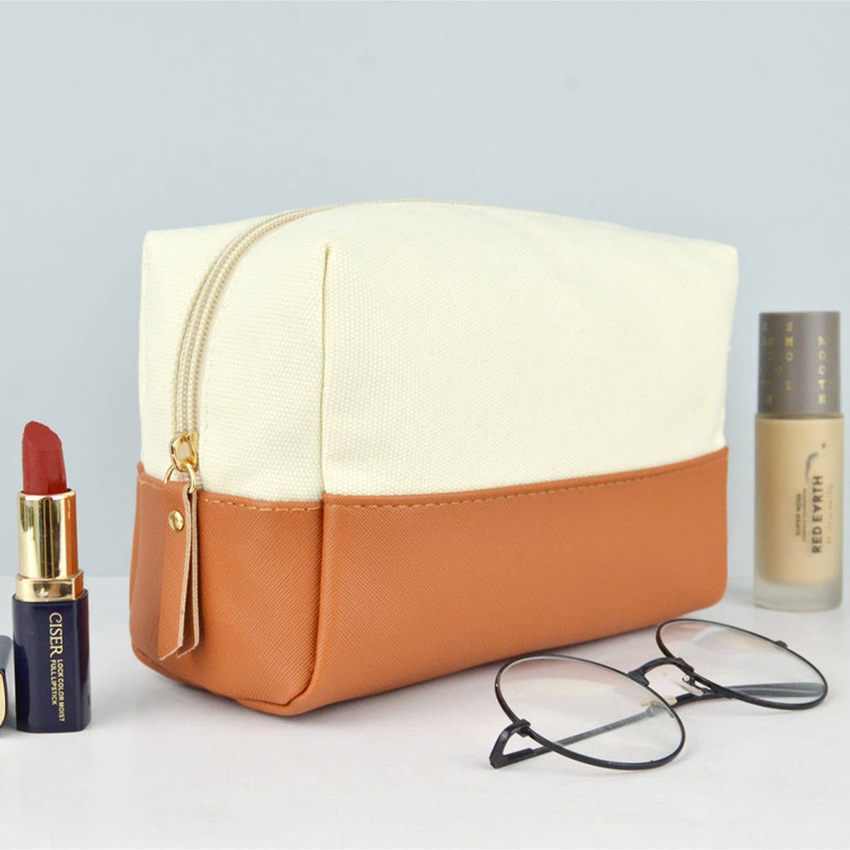 CONTRAST STITCHING CANVAS WASHING COSMETIC BAG_CWAB1083