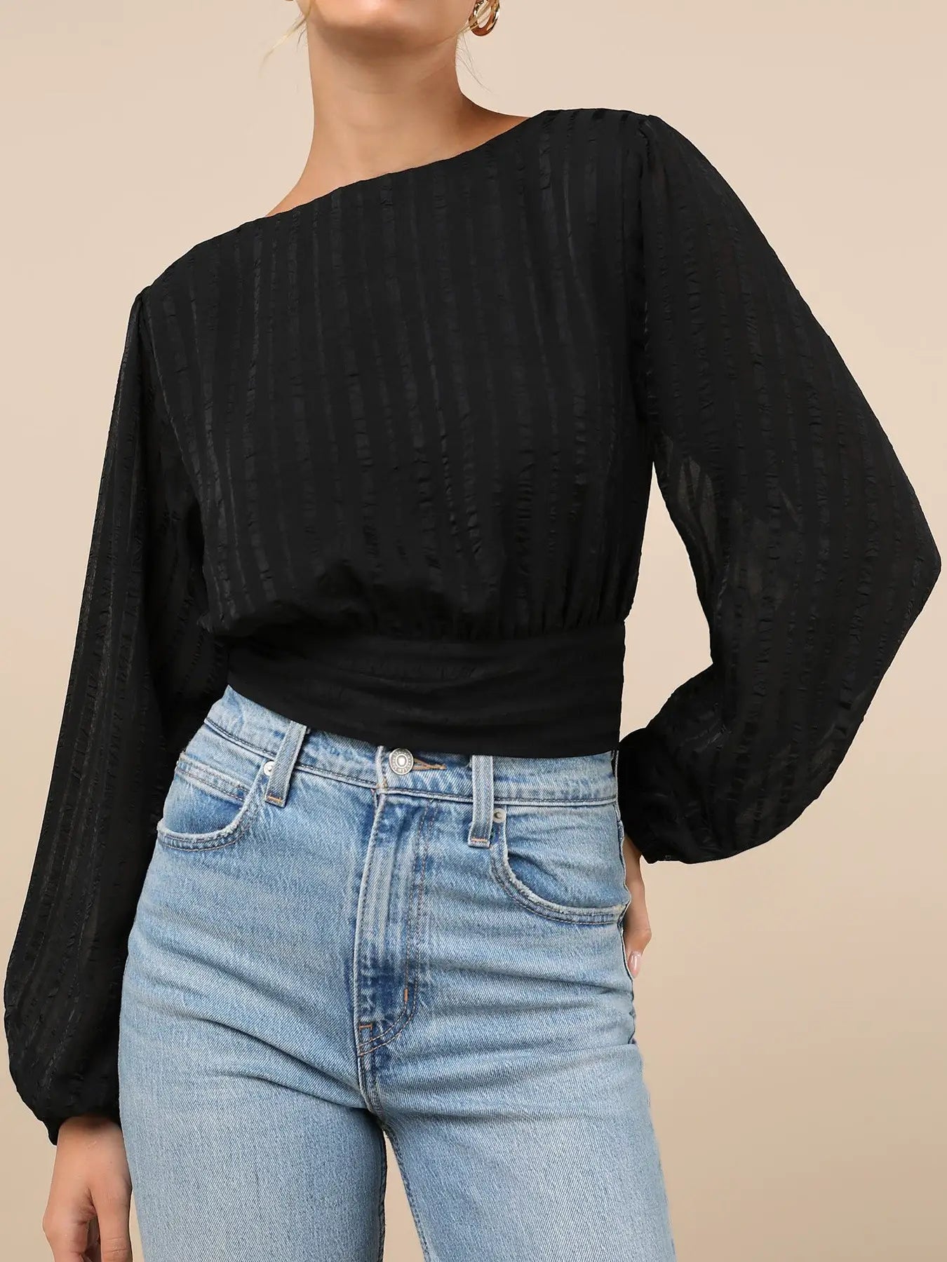 STRIPED JACQUARD CHIFFON ROUND NECK PULLOVER