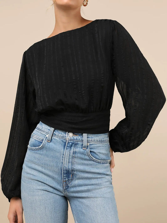 STRIPED JACQUARD CHIFFON ROUND NECK PULLOVER