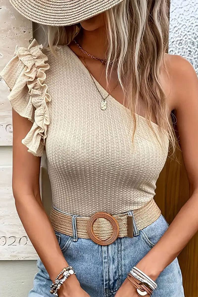 RUFFLED DIAGONAL SHOULDER FABRIC KNIT TANK TOP