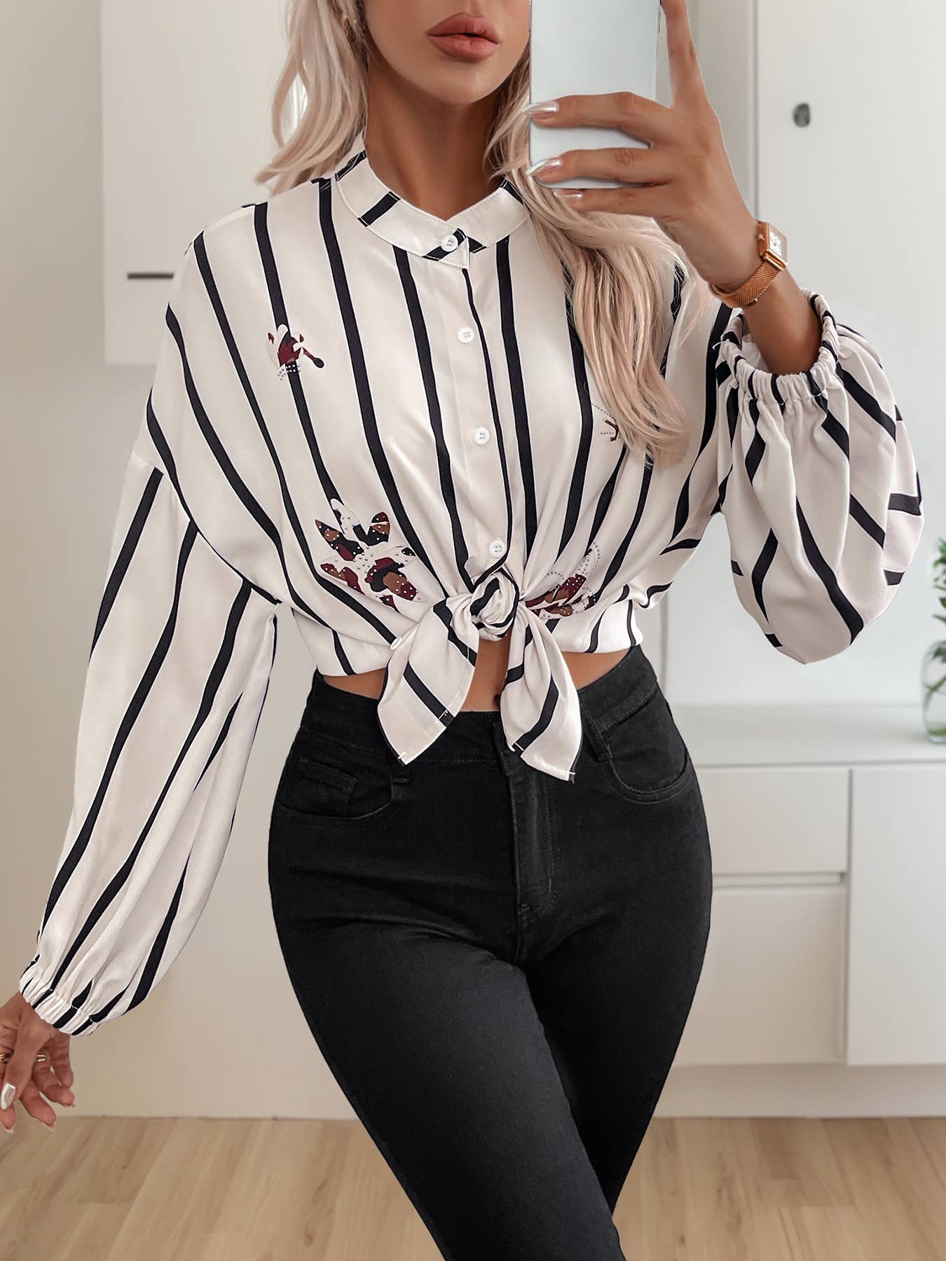 STAND COLLAR STRIPED SINGLE BREASTED SHIRT
