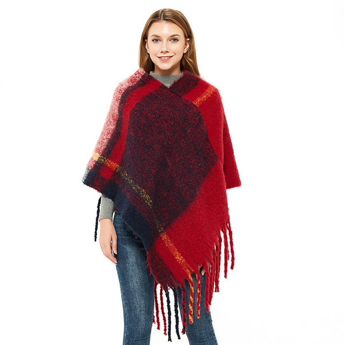 THICK TASSEL COLOR MATCHING PULLOVER CAPE SHAWL