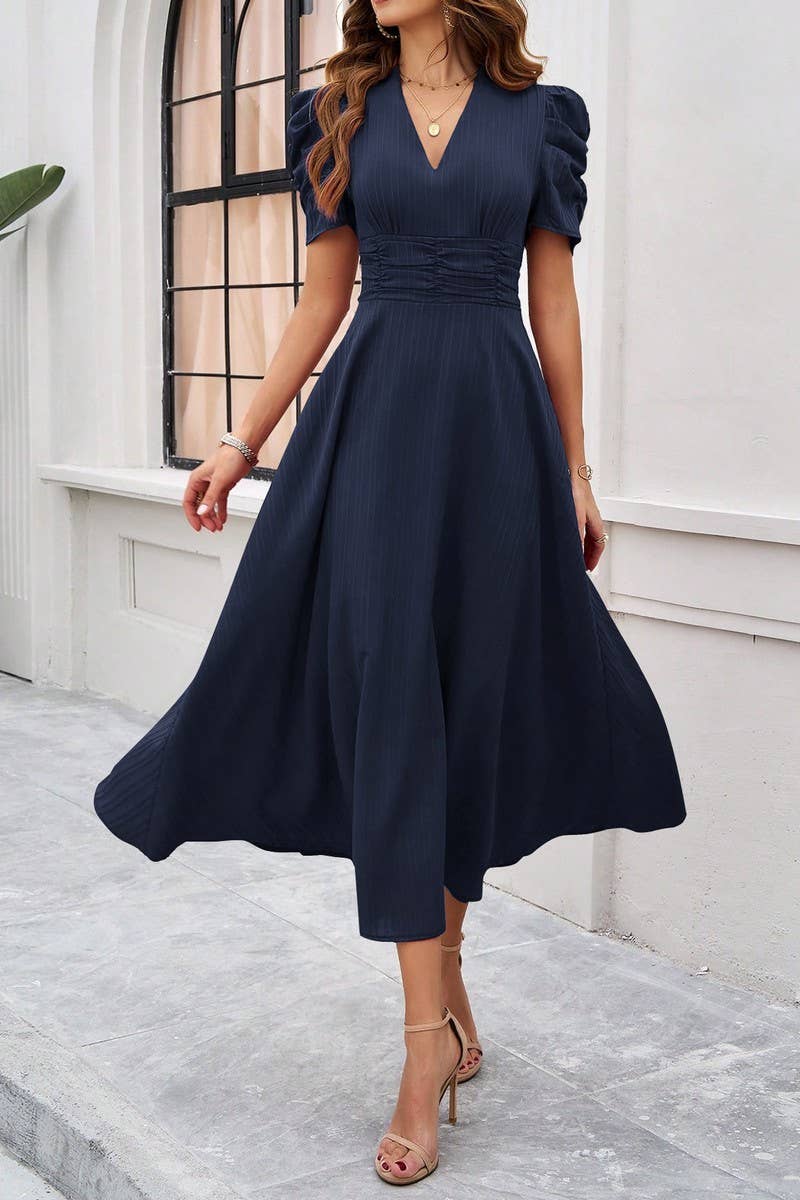 CWDMD5340_V-NECK ELEGANT SOLID COLOR HIGH WAIST DRESS