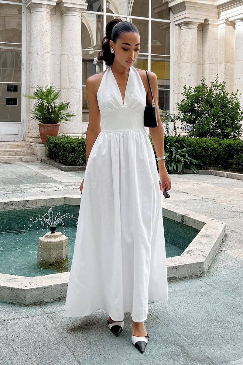 CWDHL0835_COTTON V-NECK TIE-WAIST FLOWY MAXI DRESS