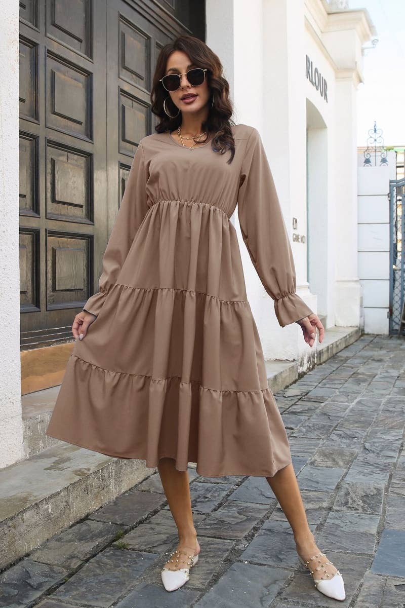 CWDSD6430_FALL V-NECK DRESS WITH FLARED SLEEVES