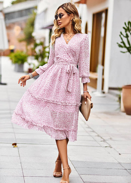 Elegant V-neck seven-point sleeve lace-up dress