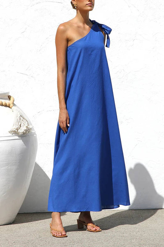 CWDMD5990_SUMMER OFF-SHOULDER TIE SOLID COLOR A-LINE DRESS