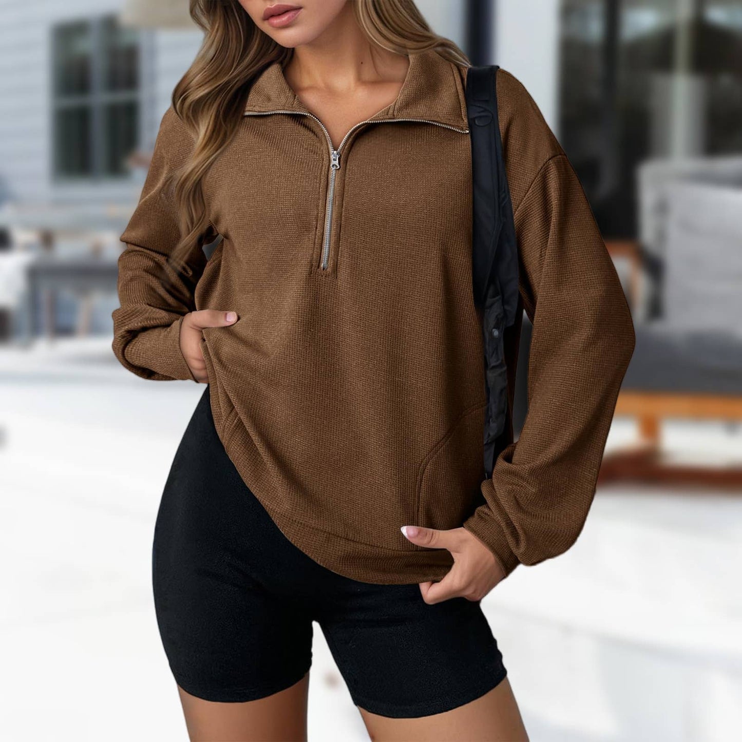 Fashionable loose lapel zipper lapel sweatshirt