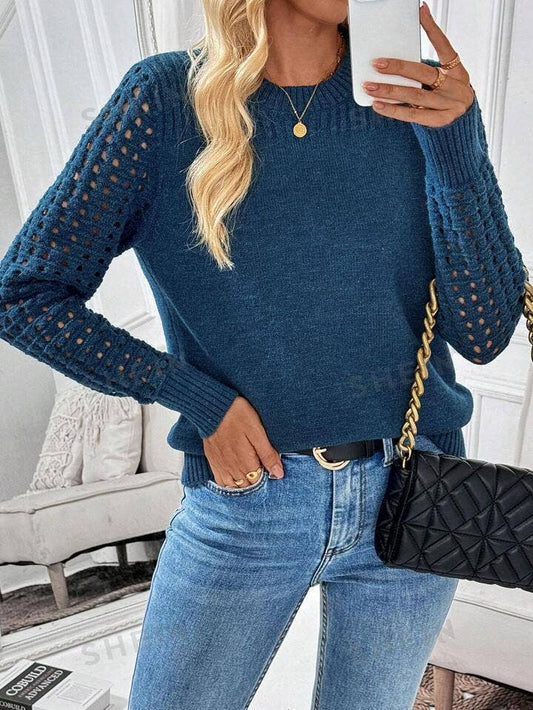 Solid-color cut-out round-neck knitted sweater