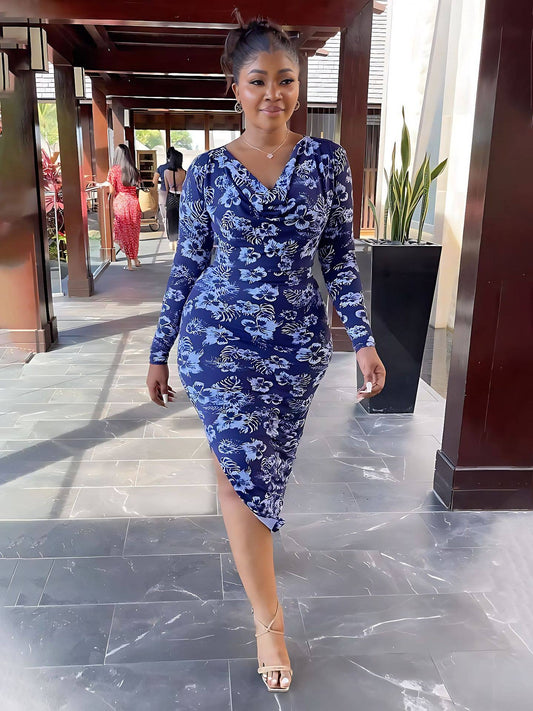 PRINT STYLE DRESS WITH HIGH WAIST AND SIDE SLIT