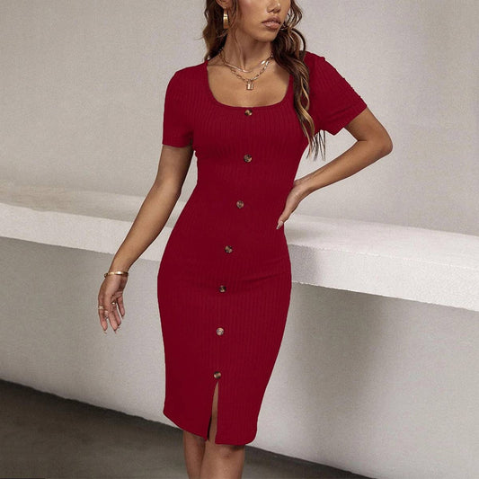 SLIT SQUARE COLLAR BUTTON-WRAPPED HIP DRESS