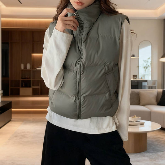 Solid-color stand-up collar thickened waistcoat