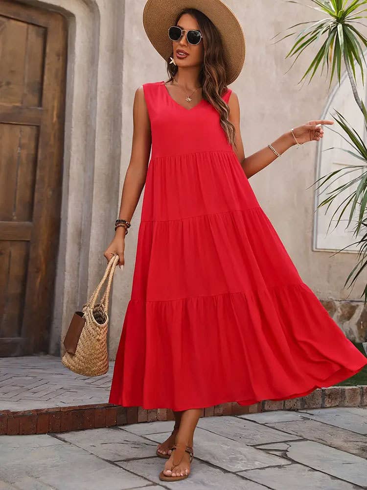 V-NECK TIERED PATCHWORK HEM LOOSE DRESS