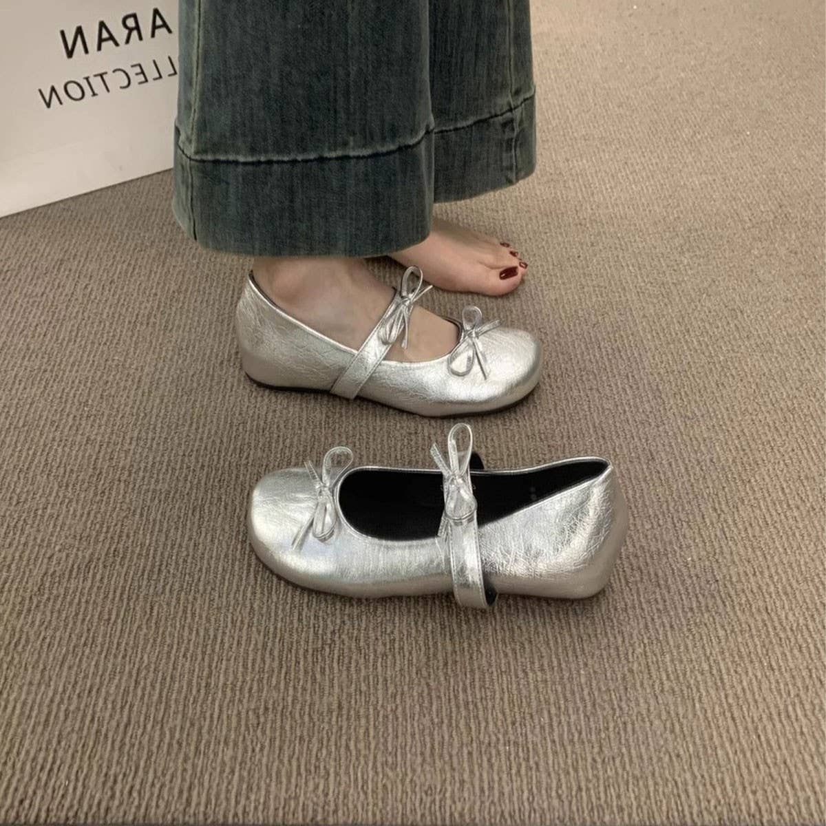 Silver Wedge Mary Jane Shoes with Bow