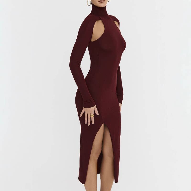 SEXY CUTOUT SLIM HIGH NECK SLIT MIDLENGTH DRESS