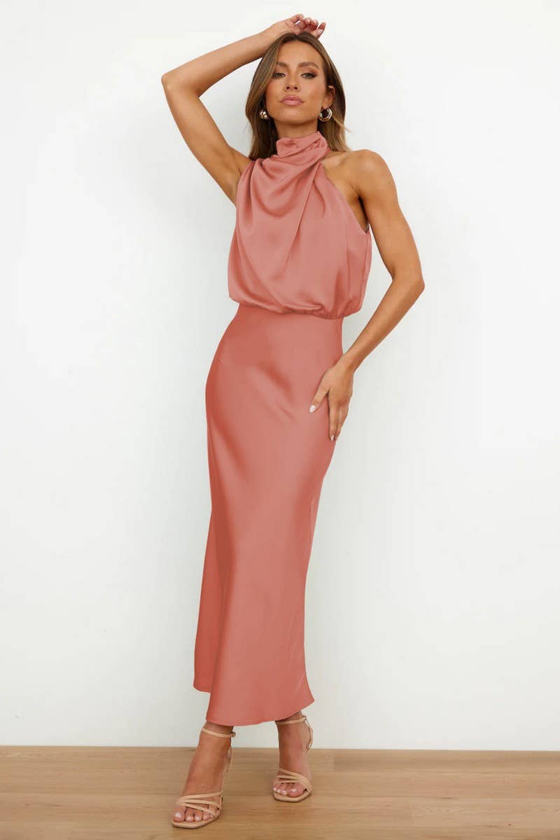 SOLID COLOR SATIN HALTER SLEEVELESS DRESS_CWDMD1302