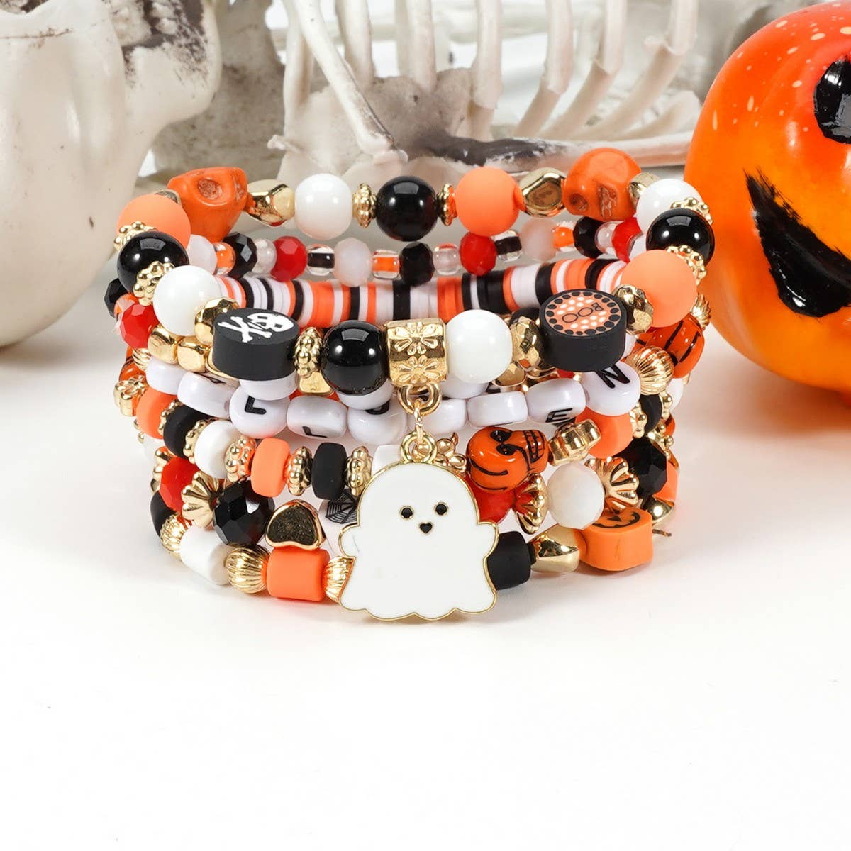 CWAJE05679_HALLOWEEN BOO BEADED ELASTIC BRACELET SET 6PCS